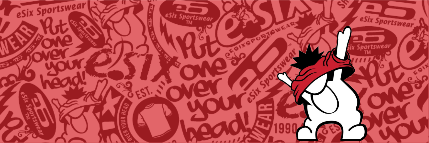 Red patterned banner with 'eSix Sportswear' branding and a cartoon mascot, Hoky.